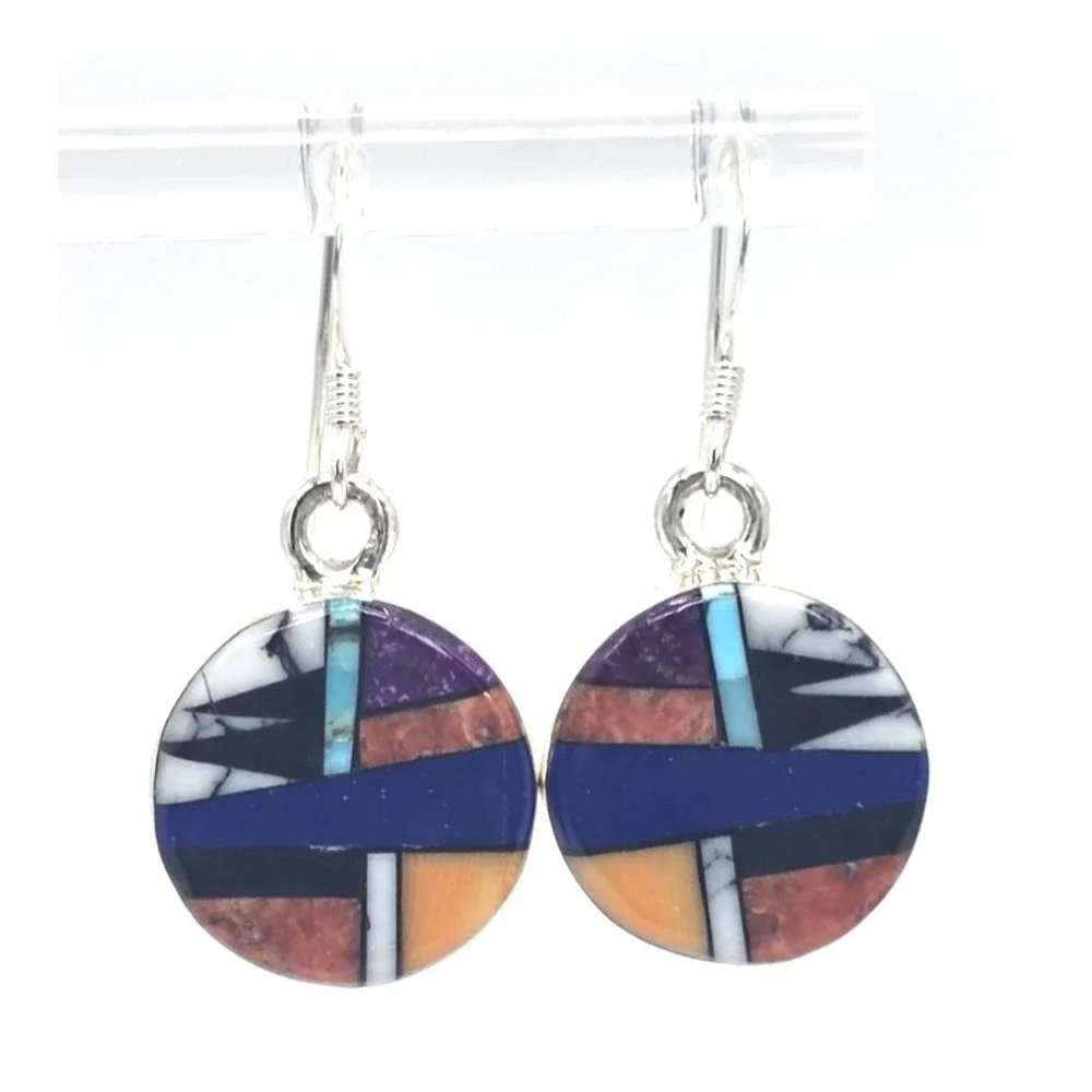 Multi-Gemstone Round Earrings Dangles‎ Sterling Silver 925 Round Signed SM NWOT